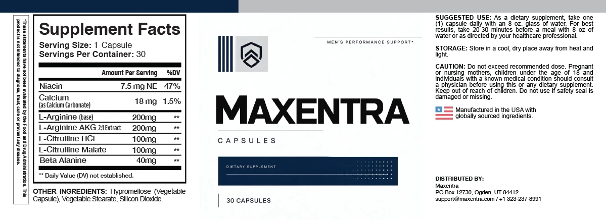 Full Maxentra bottle label with Supplement Facts, suggested use and caution